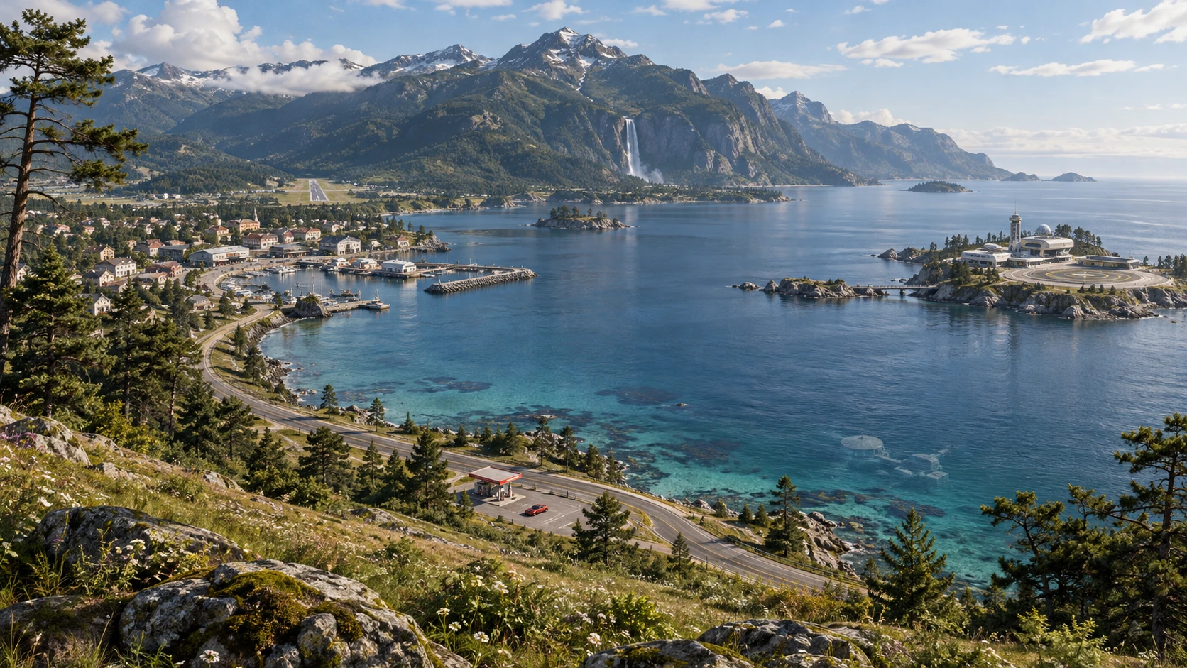 A sunlit harbor with coastal roads, pine forests, falling water and a distant island landing terminal